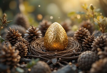 Golden Easter Egg Nestled Among Pine Cones in a Forest Setting