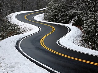 A winding road curves through a snowy winter landscape scene