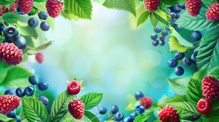 Juicy berries with green leaves on sunlight Frame background. AI generated illustration.