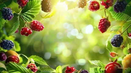 Fresh Summer Background With Juicy Berries And Green Leaves. AI generated illustration.