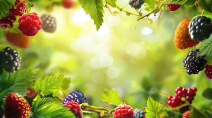 Sunny summer background with Juicy berries and green leaves. AI generated illustration.