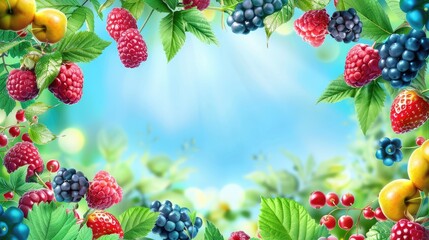 Lovely summer background with juicy berries and green leaves in soft sunlight. AI generated illustration.