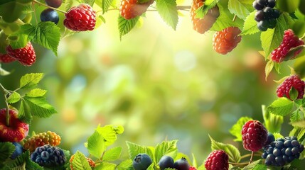 Beautiful summer background with fresh ripe raspberries, blackberries, and green leaves in soft sunlight. AI generated illustration.