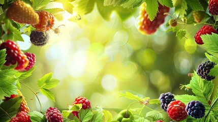 Lovely summer background with juicy ripe raspberries, blackberries, and green leaves in soft sunlight. AI generated illustration.