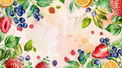 Watercolor Fruit and Leaves on Pastel Background. AI generated illustration.
