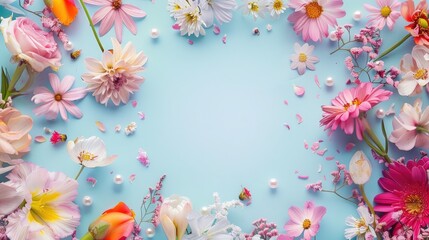 Floral Frame with Colorful Flowers on Light Blue Background. AI generated illustration.