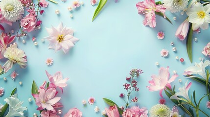 Beautiful fresh flowers and petals forming a decorative frame on pastel blue background. AI generated illustration.