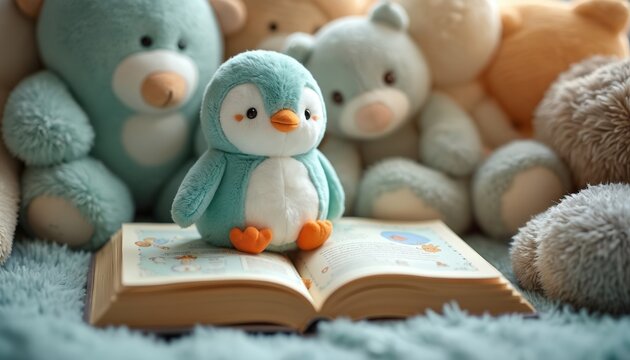 Soft plush penguin toy sits on open book surrounded by other stuffed animals, creating warm, inviting scene for kids storytelling. Charming fairytale book opens new world of adventure, cozy childhood.