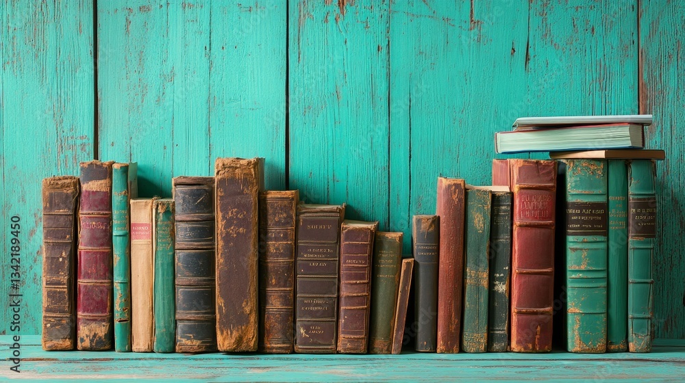 Aufkleber a collection of books in various sizes and colors is set against a green backdrop, with some of the 