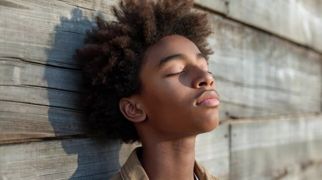 Young with his eyes closed leaning on a wooden wall dreaming