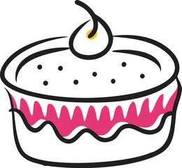 A Delicious Doodle Cupcake Icon with Cherry, Pink Layer, and Icing - Line Art Illustration