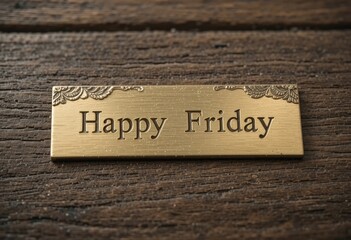 Happy Friday Brass Sign Resting on Dark Rustic Wooden Table