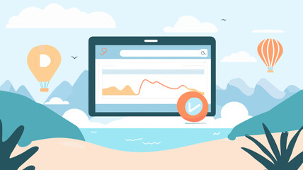 Search Engine Concept with Analytics on Beach Vacation Background in Flat Design Style