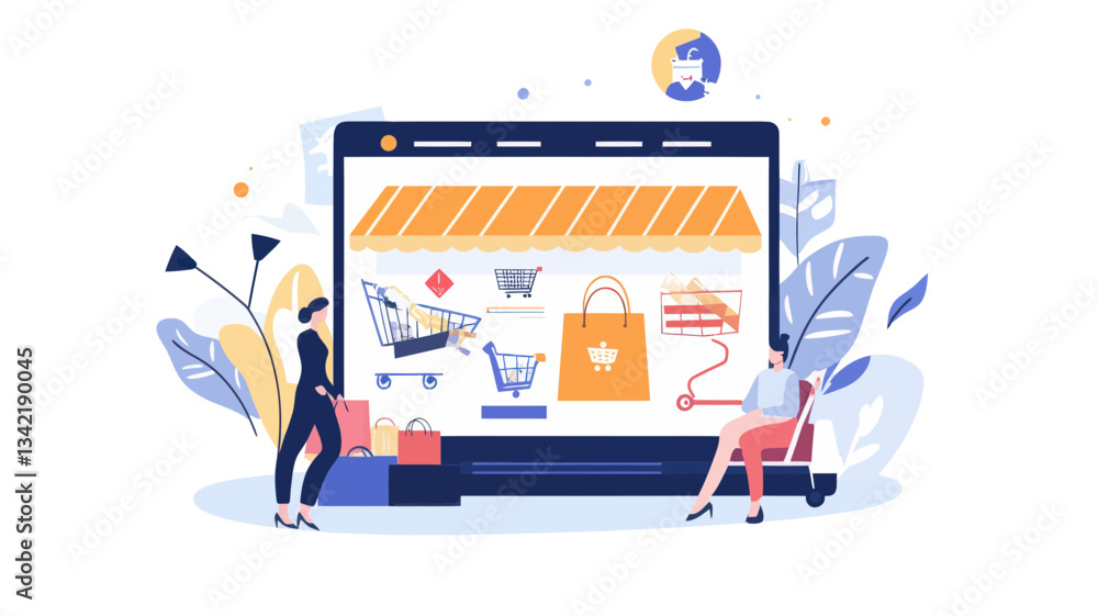 Poster flat design vector of online shopping concept with people using laptop and smartphone for website te