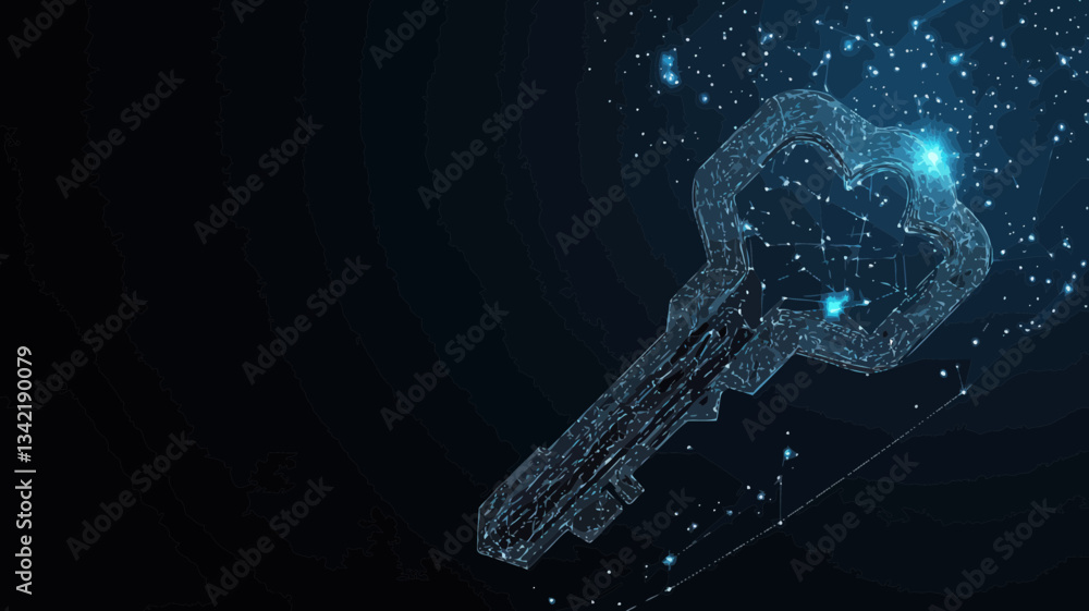 Aufkleber low poly wire frame lock key on dark background - data storage and protection concept vector illustr