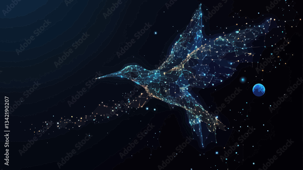 Poster starry sky colibri in wireframe vector concept with universe elements and planets illustrating cosmi