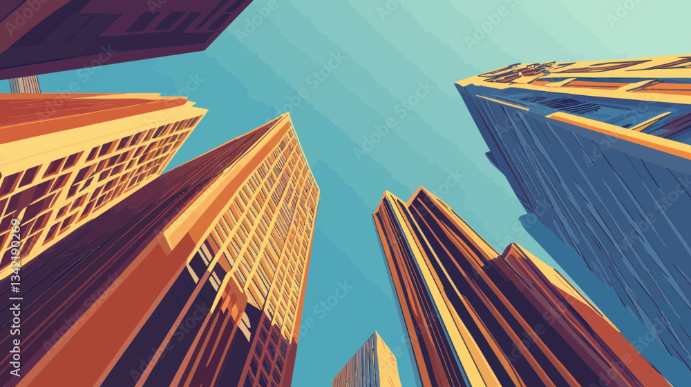 Poster abstract modern skyscraper cityscape in flat minimalist svg style vector - low angle view of urban a