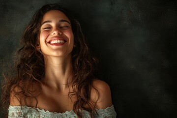 A young woman with curly hair smiles brightly, showcasing her joy. The setting features a textured dark background that enhances her expression and playful energy.