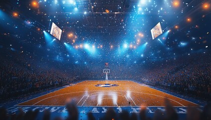 Energetic crowd at a basketball game in a large arena with bright blue and orange lighting, confetti falling
