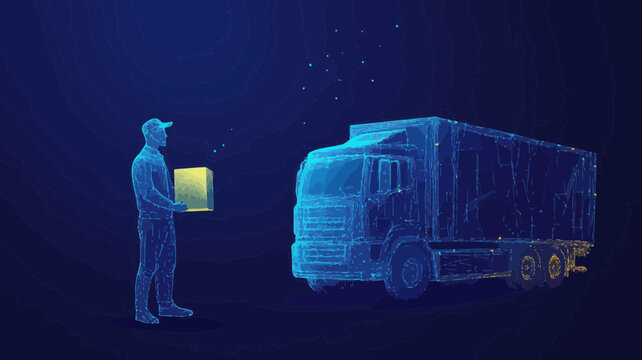 Polygonal Delivery Man with Box and Cargo Truck in Dark Blue Wireframe Style - Logistics, Transportation, and Business Concept Vector Illustration