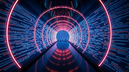 Abstract Futuristic Data Tunnel Glowing Blue And Red Circles With Binary Code On Dark Reflective Surface, Seamless Loop Animation - Powered by Adobe