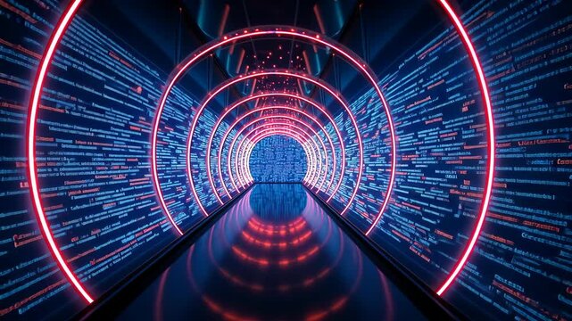 Abstract Futuristic Data Tunnel Glowing Blue And Red Circles With Binary Code On Dark Reflective Surface, Seamless Loop Animation