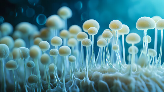 Basidiospores, resembling miniature mushrooms, germinate on a moist surface under microscopic observation, sprouting. Cellular Mycelium. Illustration