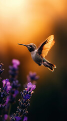 Naklejka premium Kolibri fliegt über Lavendelblüten im Sonnenlicht