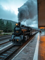 Fototapeta premium Vintage Steam Train in Foggy Mountain Railroad Station: A Nostalgic Journey through History and Scenic Railway Adventure