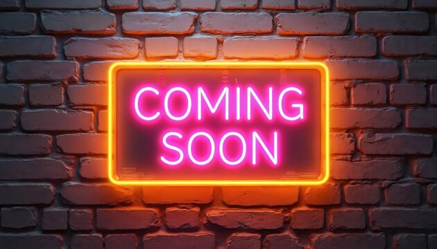 Bright pink neon sign glowing on textured brick wall. Electric billboard reads Coming Soon. Marketing banner announcing product release. Modern promo, advertising, PR concept. Trendy retro style