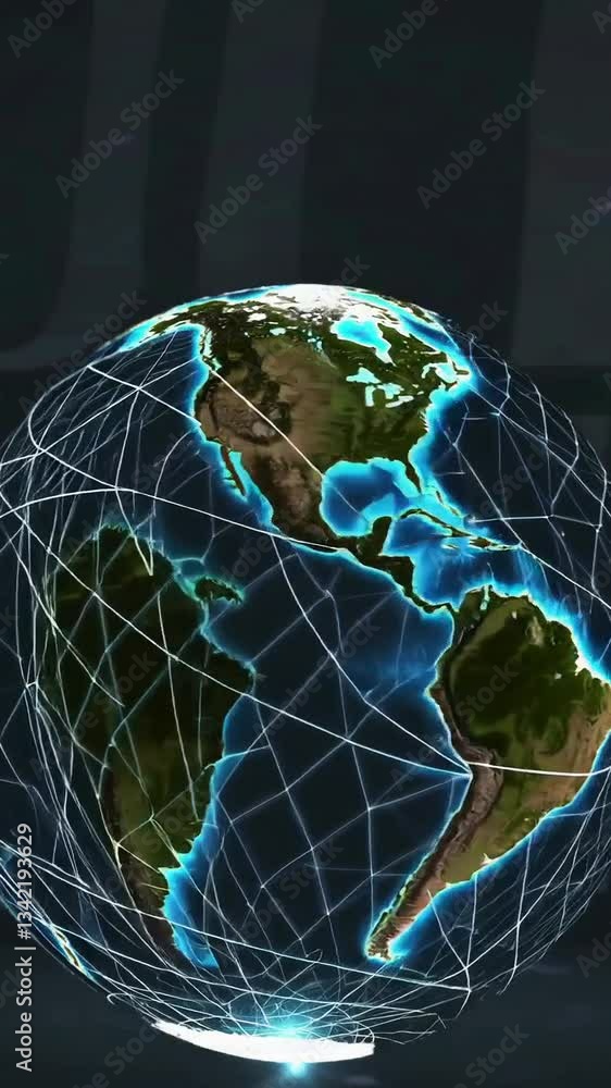 Poster spinning digital globe with network lines connecting continents in dynamic motion animation