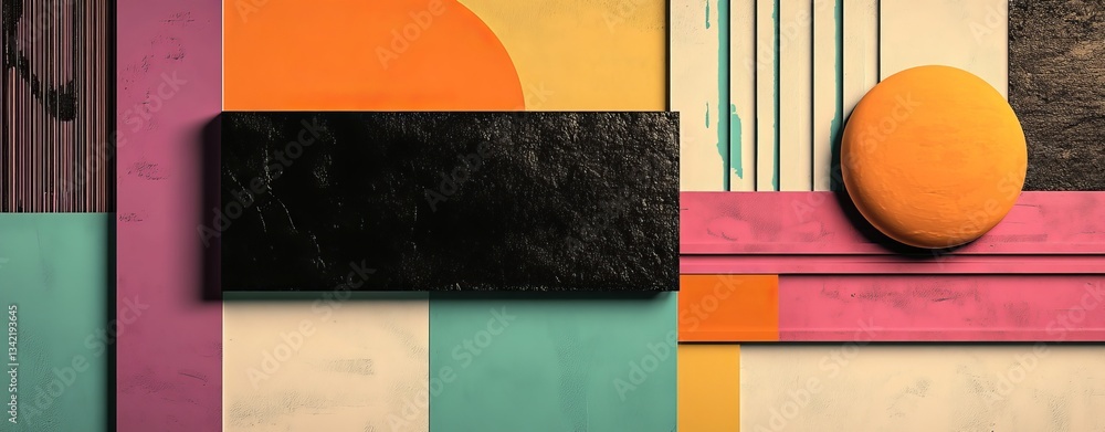 Poster geometric shapes including circles, semi-circles, squares, and rounded triangles form a mosaic patte