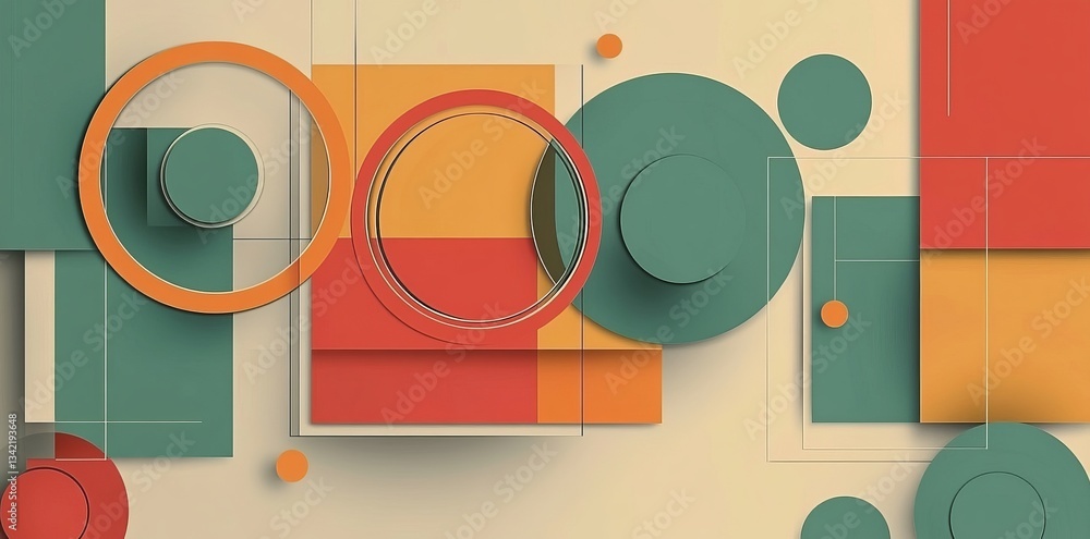 Poster circles, triangles, and rectangles form simple shapes in an abstract background, suitable for modern
