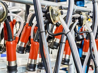 Milking machine setup showcases modern technology in dairy farming, emphasizing efficiency and...