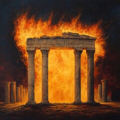 Fototapeta premium Epic Firelight: Ruined Ancient Temple in Flames Against Night Sky - Mythical Monument at Golden Hour Emanating Destruction and Silhouette of Historical Architectural Columns