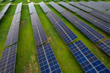 Aerial view of solar panels. Power farm producing clean energy