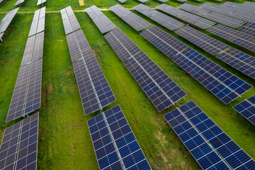 Aerial view of solar panels. Power farm producing clean energy