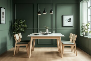 A modern dining room featuring a stylish table, chairs, and pendant lights, set against a green wall with framed art.