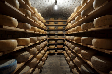 Fototapeta premium Aged cheese wheels neatly arranged on wooden shelves in a cellar in sIGOIa, showcasing traditional cheese storage practices