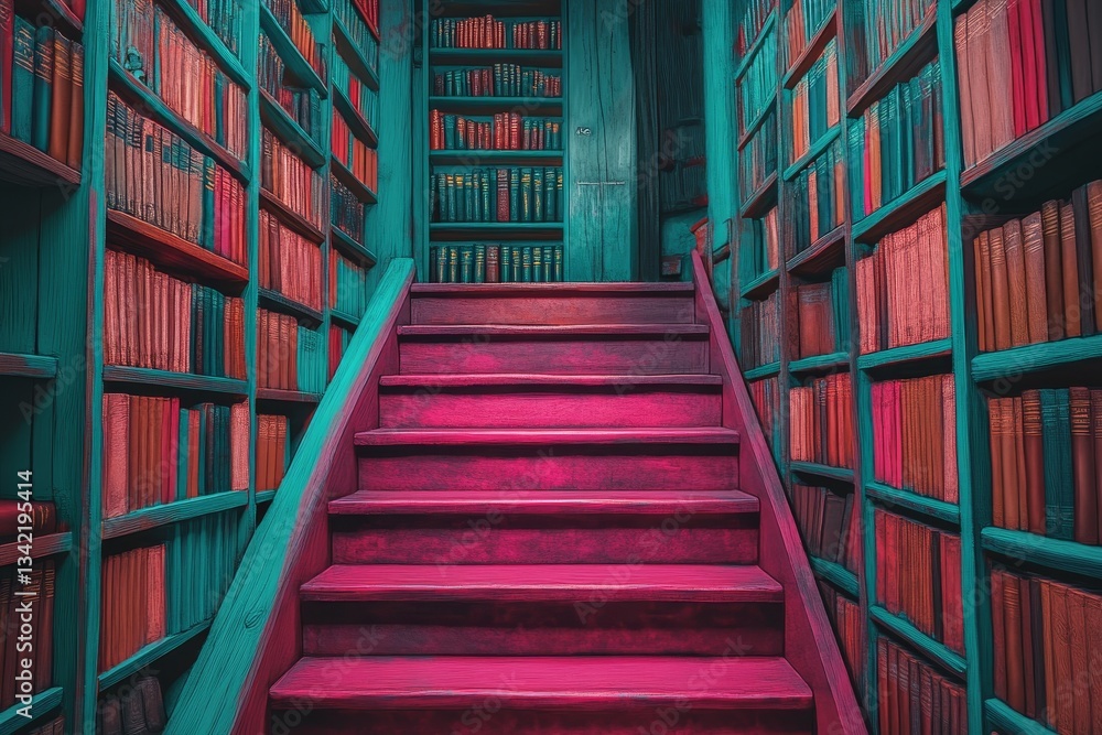 Aufkleber a library featuring a spiral staircase and an extensive collection of books, all arranged in a rainb