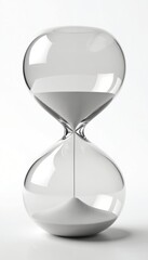 Sandglass timer isolated on white background. Front view of transparent hourglass bulb. Flowing sand measures time, depicts limited lifespan and value of time. Time is running out.