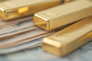 Shiny gold bars arranged elegantly over crisp banknotes, showcas