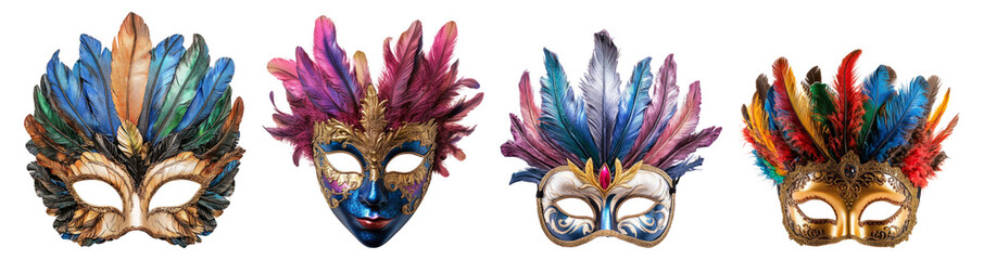 Obraz premium Colorful Decorative Masks with Feathers for Carnival Celebrations, Isolated on Transparent Background