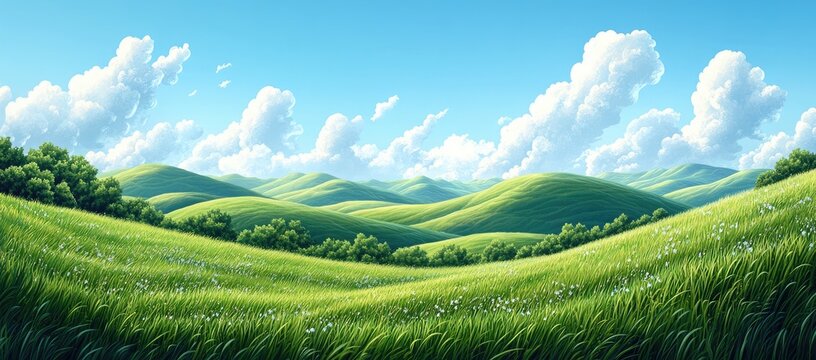 Sunny day in a lush green meadow with rolling hills under a bright blue sky dotted with fluffy white clouds