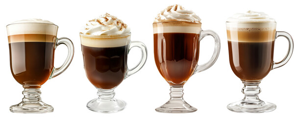 A Variety of Delicious Coffee Beverages in Clear Glass Mugs, Isolated on Transparent Background