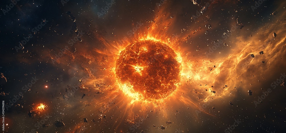Poster spectacular cosmic event with a starburst and surrounding celestial clouds