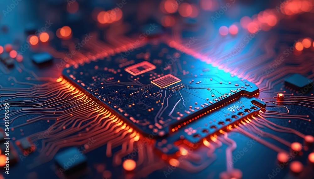 Poster Close-up of glowing computer chip with orange and blue lights. Semiconductor data abstraction circuit board. Digital tech microchip for computing, modern AI hardware, electronic communication network.