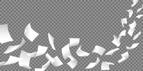 Simple widescreen realistic vector of flying white blank papers on transparent background. © Jan