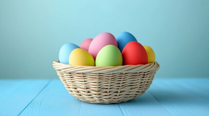 A vibrant collection of painted Easter eggs displayed in a woven basket on a rustic blue wooden table.