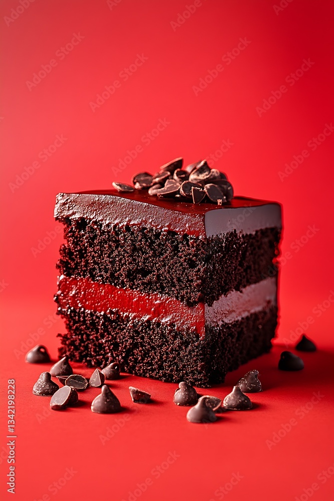 Poster tempting slice of rich chocolate cake topped with chocolate chips on a bold red surface : generative